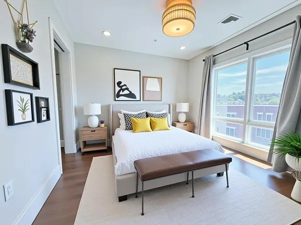 a bedroom with a bed mirror and a window