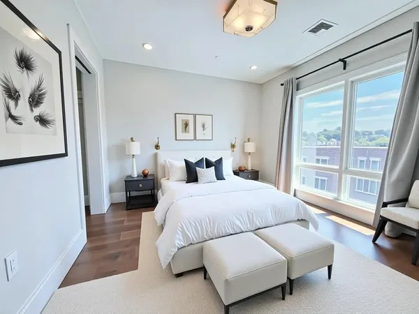 a bedroom with a bed couch and a large window