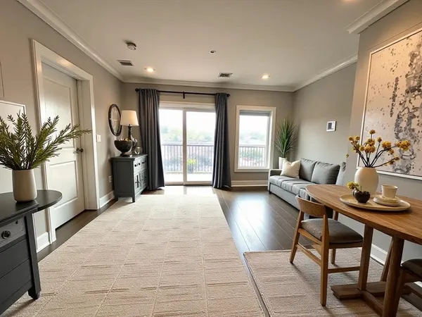 a living room with furniture and a potted plant