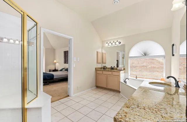 a garden view with a seating space