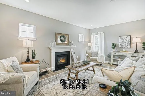 a living room with furniture a rug and a fireplace
