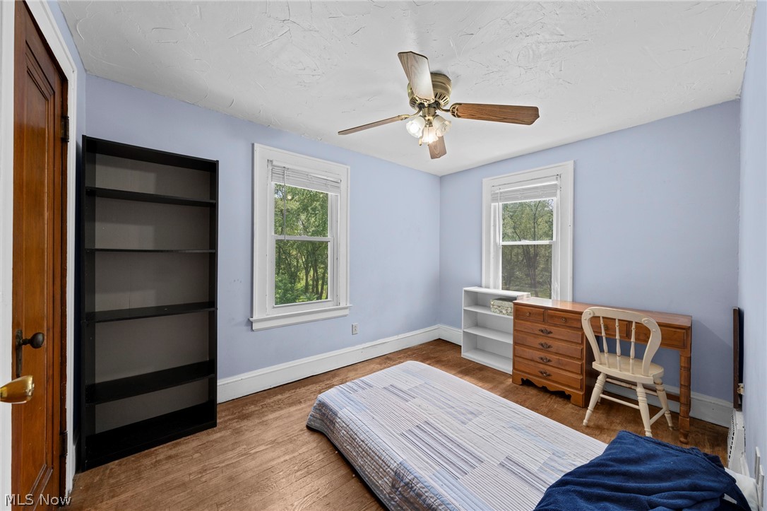819 Keeney Street Akron, OH 44310 - Photo 15 of 24 Spacious room featuring wood-finish flooring, light blue wall paint, two windows with white trim, and a ceiling fan with light fixture