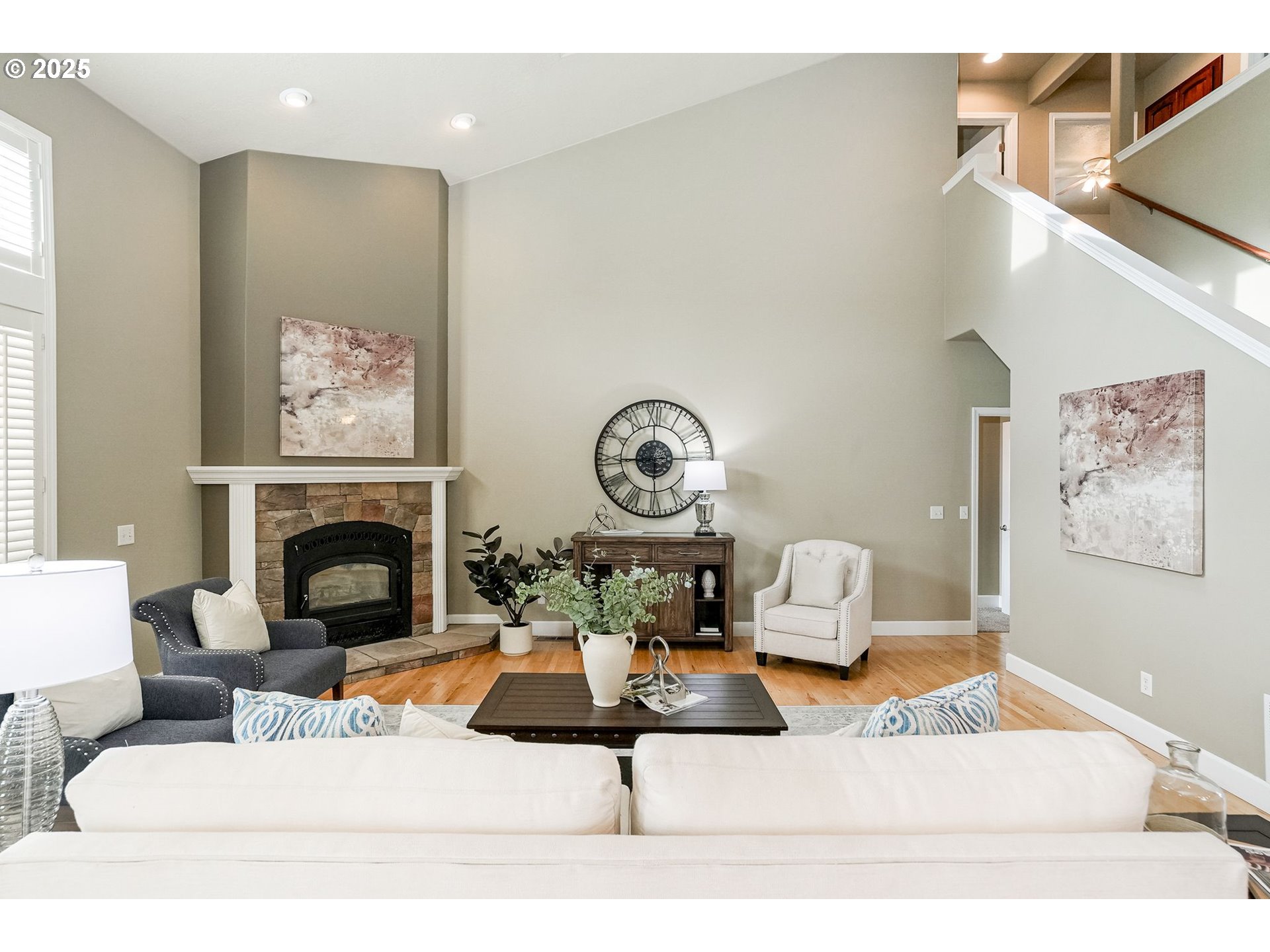 413 Northwest Harold Street Sublimity, OR 97385 - Photo 13 of 48 a living room with furniture a fireplace and a large window
