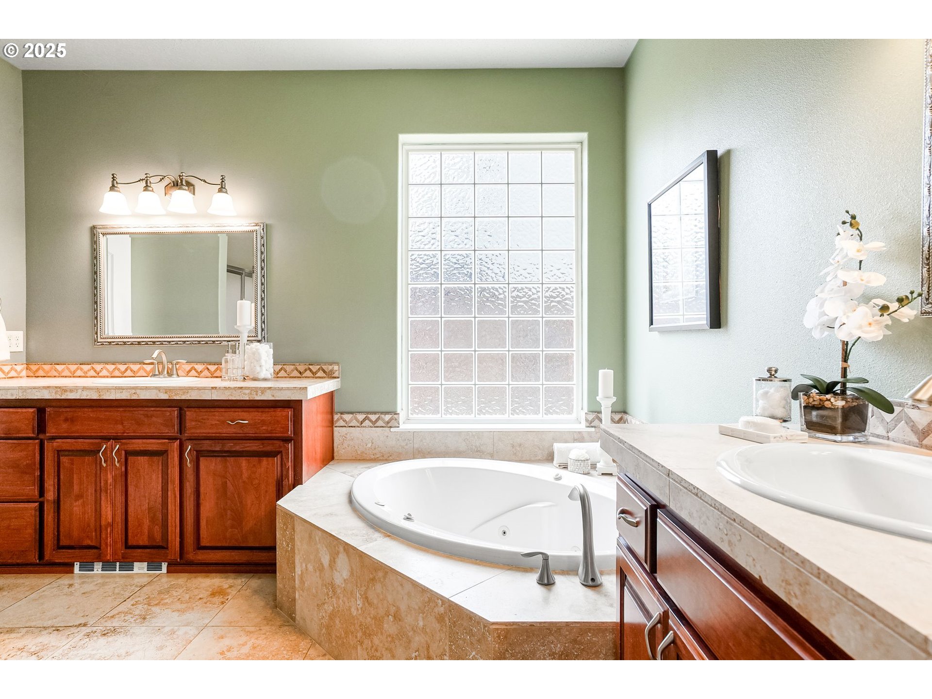 413 Northwest Harold Street Sublimity, OR 97385 - Photo 24 of 48 a bathroom with a granite countertop sink a mirror and a bathtub
