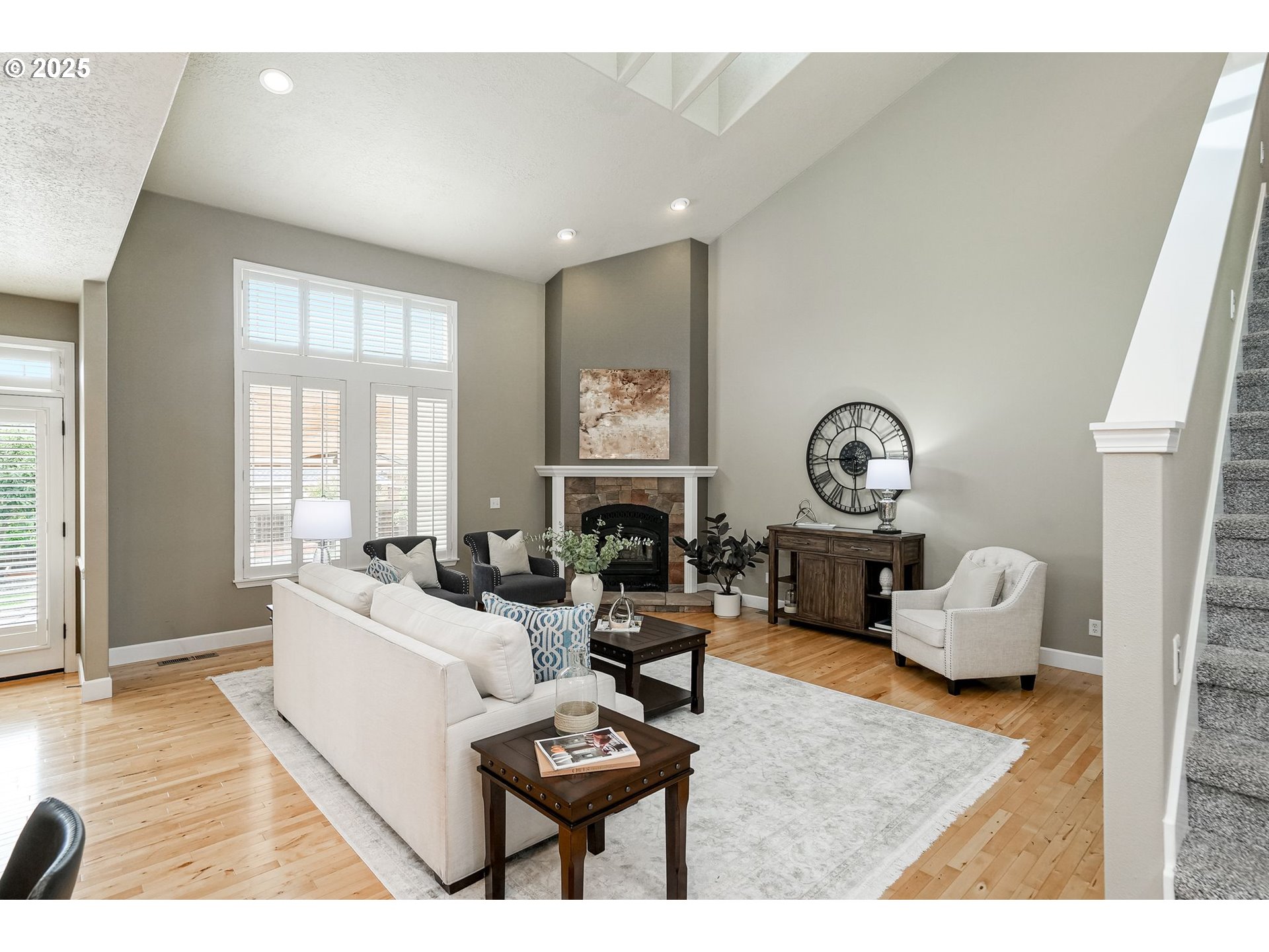 413 Northwest Harold Street Sublimity, OR 97385 - Photo 9 of 48 a living room with fireplace furniture and a large window