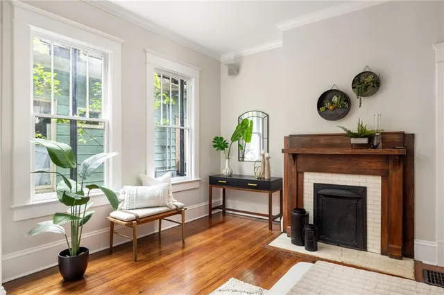 a view of a balcony with wooden floor