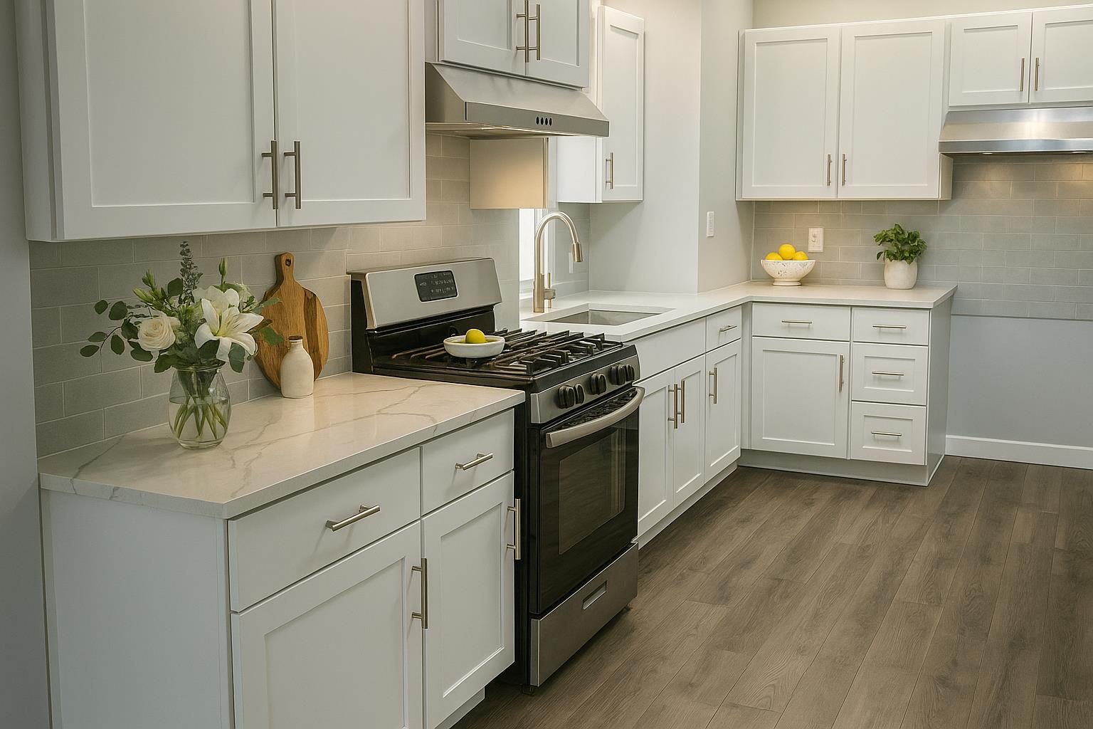 a kitchen with stainless steel appliances granite countertop a sink a stove and cabinets