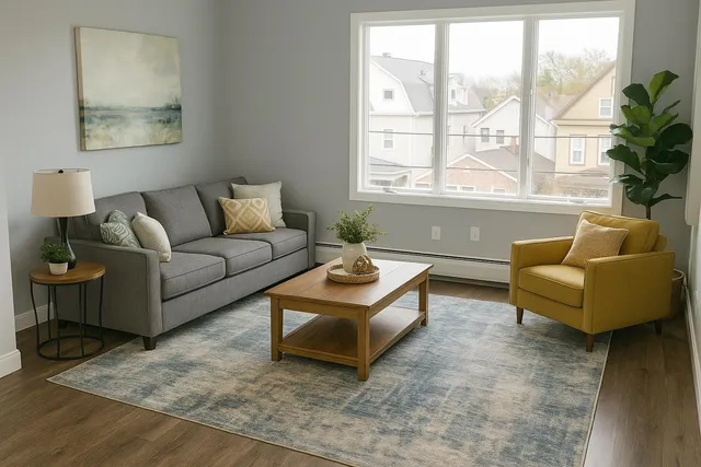 a living room with furniture and a large window