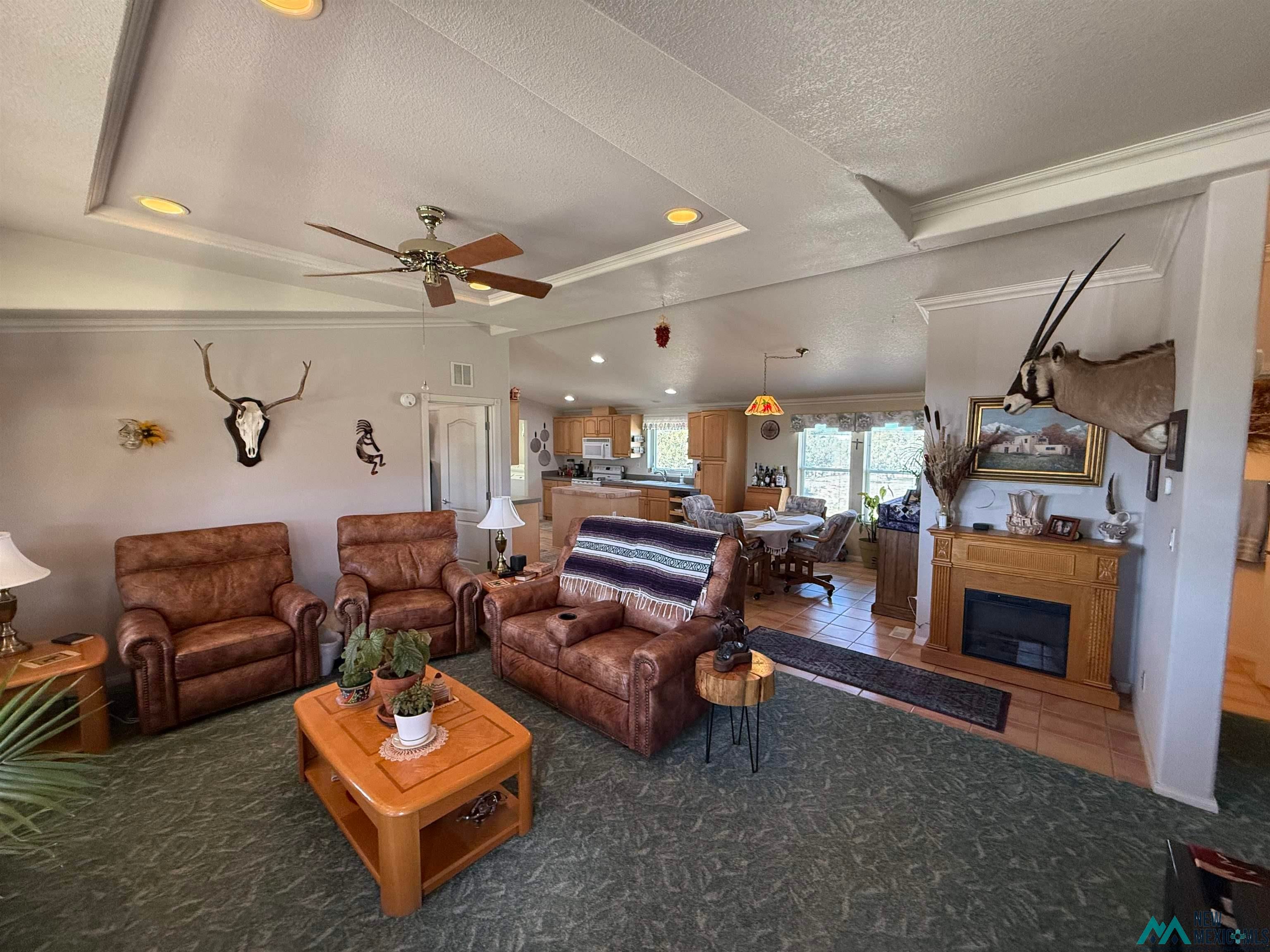16 Overlook Road Los Ojos, NM 87551 - Photo 14 of 39 Living area featuring ceiling fan, a fireplace, crown molding, recessed lighting, and tile patterned flooring