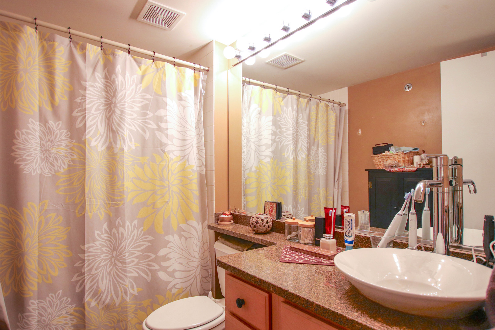 500 South Clinton Street, Unit 311 Chicago, IL 60607 - Photo 7 of 9 a bathroom with a granite countertop sink and a mirror
