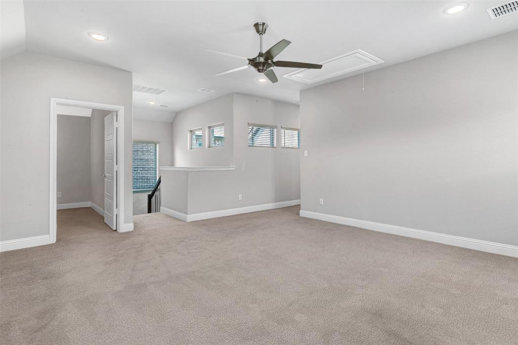 468 Caitlyn Way Fairview, TX 75069 - Photo 28 of 35 Empty room featuring ceiling fan, recessed lighting, and light colored carpet
