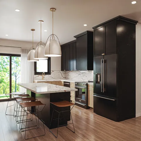 a kitchen with kitchen island granite countertop a oven a stove a refrigerator and a wooden floor