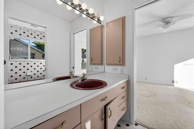 a bathroom with a sink and a mirror with shower