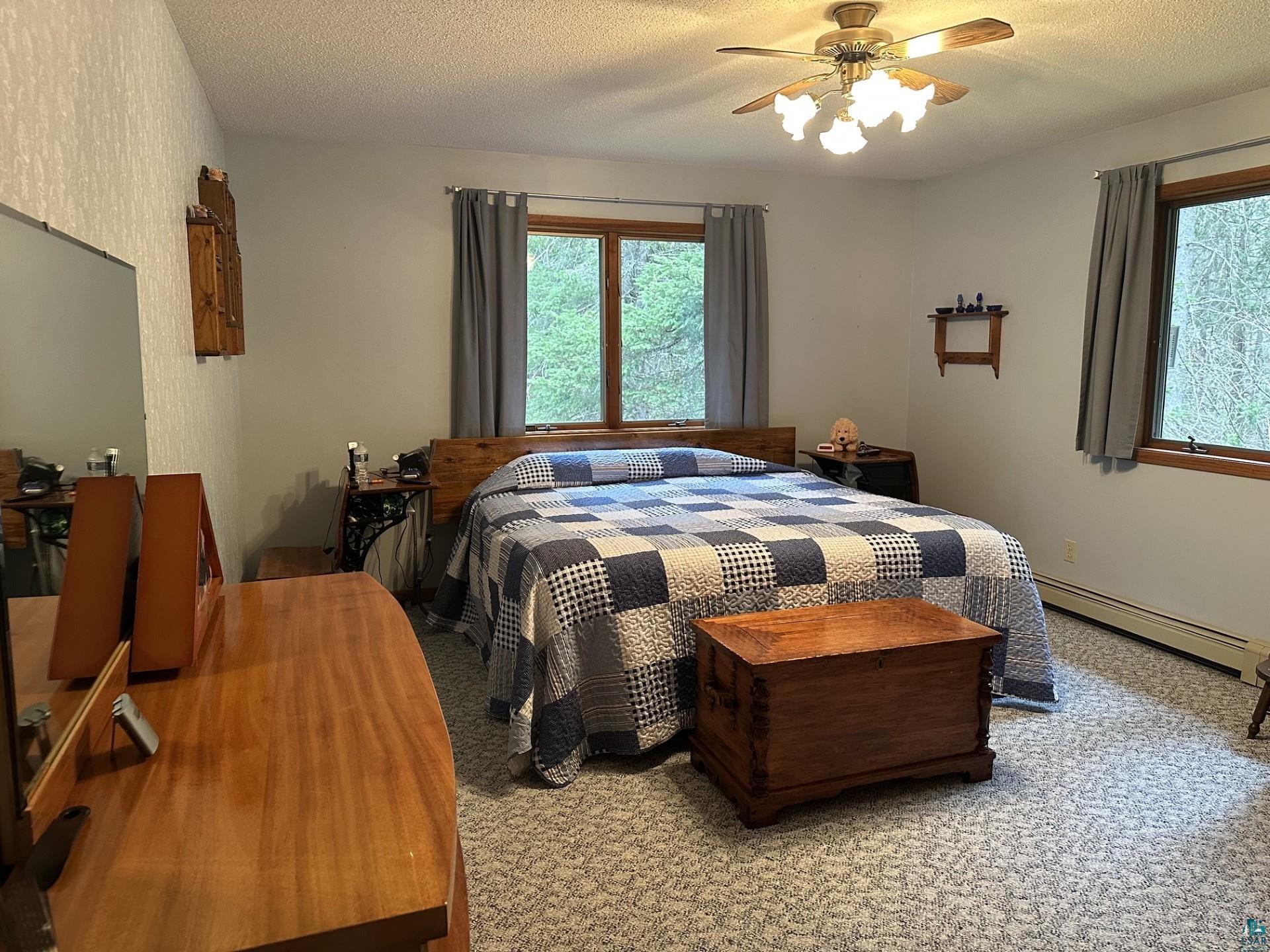 81 Hautaluoma Road Esko, MN 55733 - Photo 19 of 43 Carpeted bedroom featuring two windows with wood trim, a ceiling fan with integrated lighting, and light-toned wall finishes