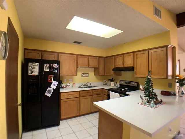 a kitchen with a sink a stove and cabinets