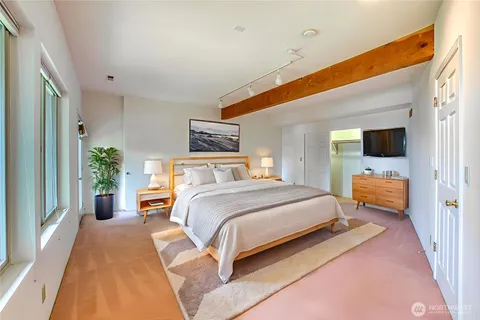 a bedroom with a bed a tv and potted plant