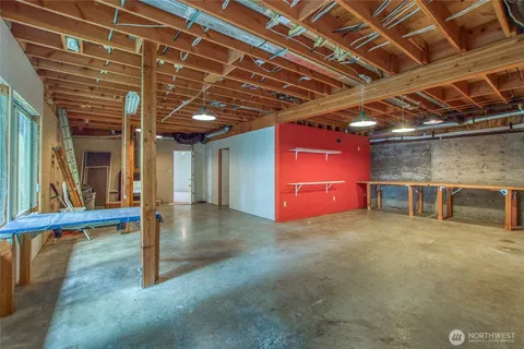 a view of a room with wooden racks