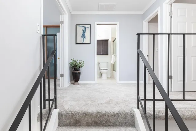 a view of staircase with lots of frames on wall and stairs