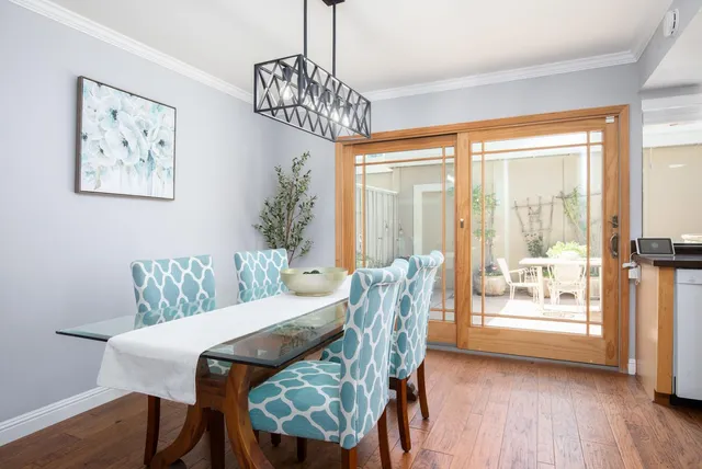 a view of a dining room with furniture window and wooden floor