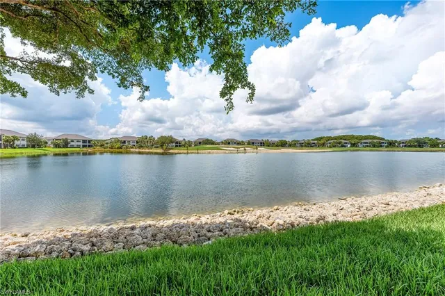 a view of a lake with houses in the back yard