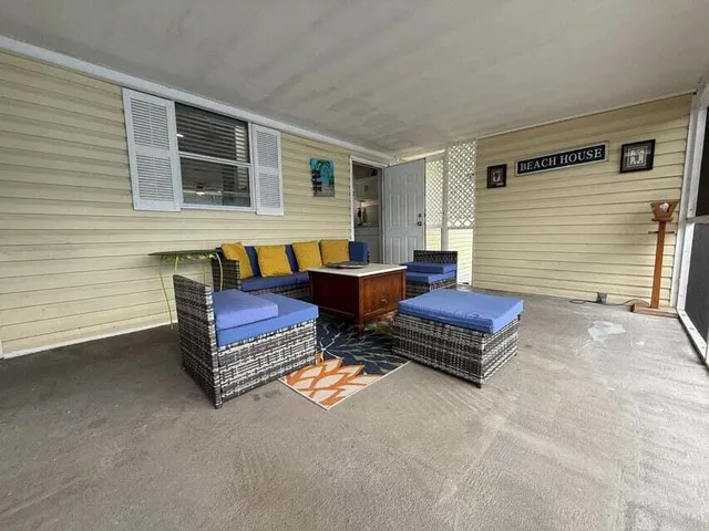 a building outdoor space with patio furniture