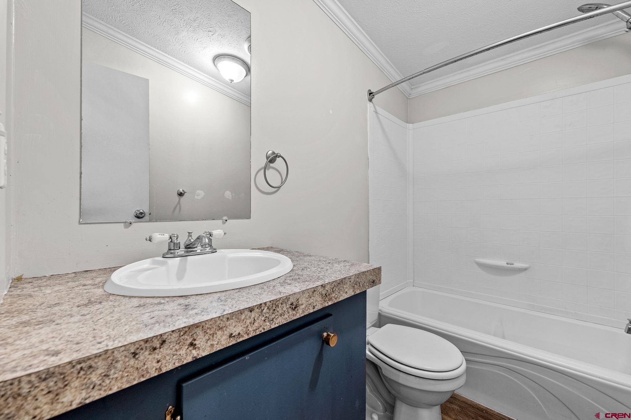 1969 County Road 142 Durango, CO 81303 - Photo 23 of 30 a bathroom with a granite countertop sink toilet mirror vanity and bathtub
