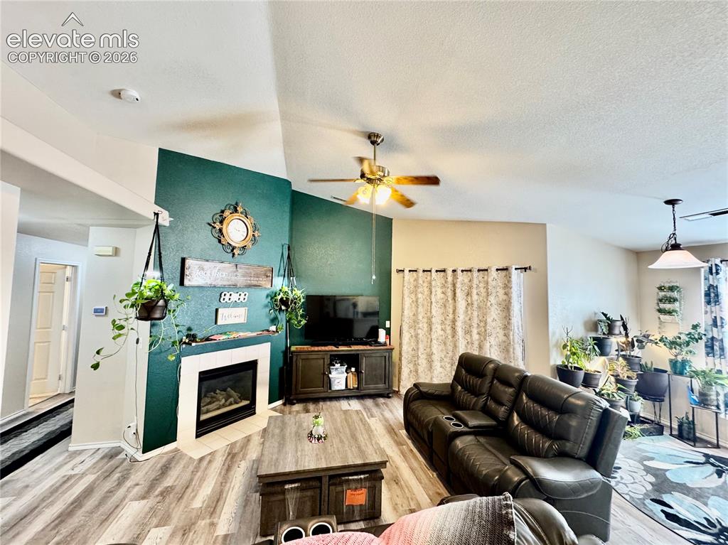 3748 Riviera Grove, Unit 203 Colorado Springs, CO 80922 - Photo 12 of 23 a living room with furniture and a fireplace