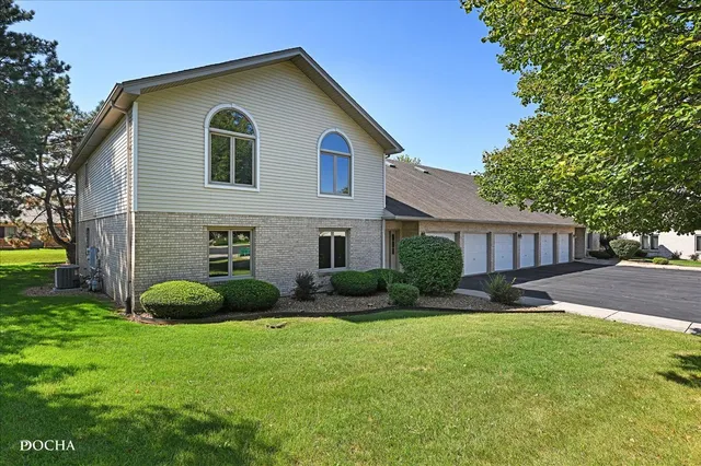 a backyard of a house with plants and large tree