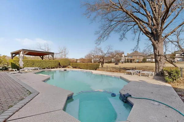 a view of a swimming pool and a yard