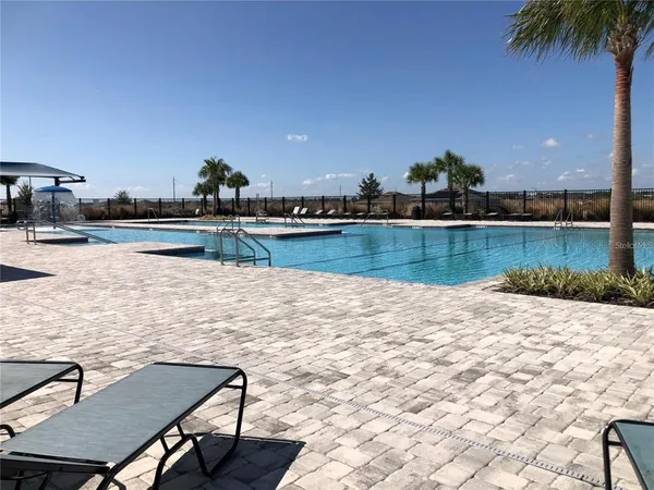 a view of swimming pool with outdoor seating and plants