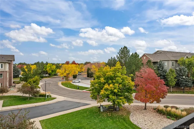 a view of a garden with houses