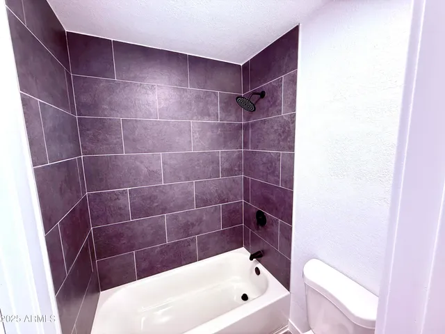 a bathroom with a bath tub and toilet