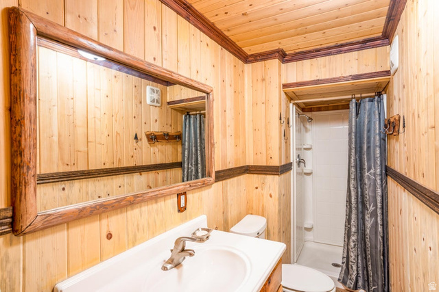 48 South Sage Road Pine Valley, UT 84781 - Photo 46 of 61 Bathroom featuring light-toned wood paneling, dark wood trim, a white vanity with integrated sink, a large mirror with a rustic wood frame, and a stand-up shower with white surround