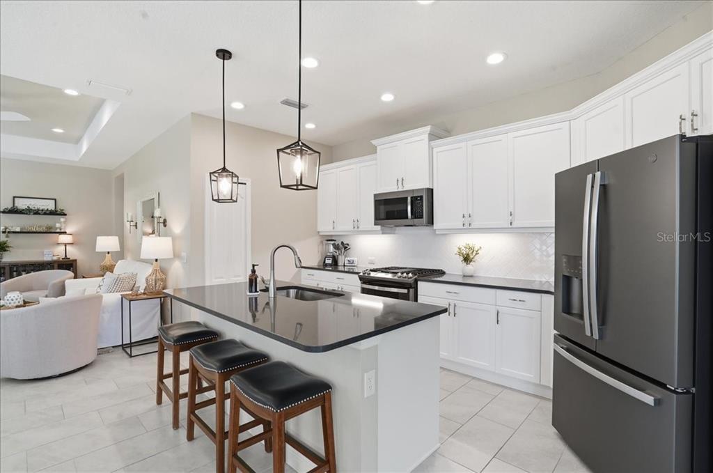 3511 Azurite Way Bradenton, FL 34211 - Photo 15 of 64 a kitchen with stainless steel appliances granite countertop a refrigerator a sink dishwasher a stove and white cabinets with wooden floor