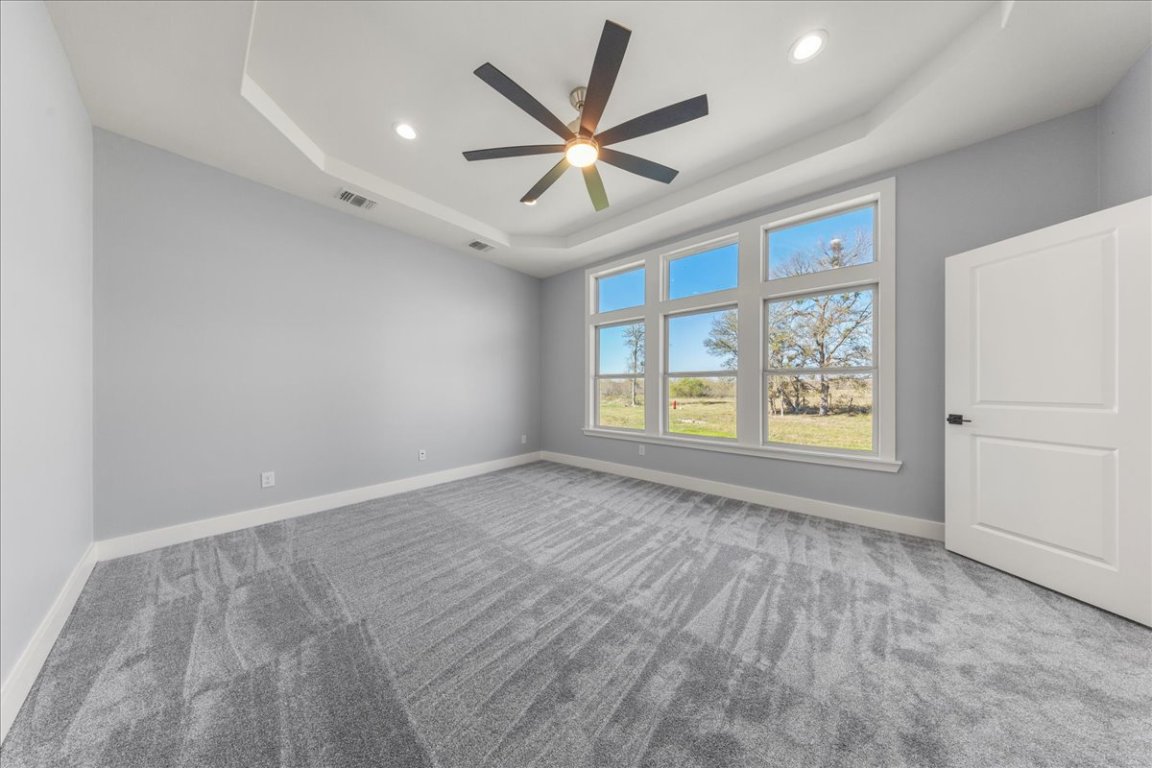 217 Gato Road Cedar Creek, TX 78612 - Photo 19 of 39 Empty room with a tray ceiling, light carpet, ceiling fan, and recessed lighting