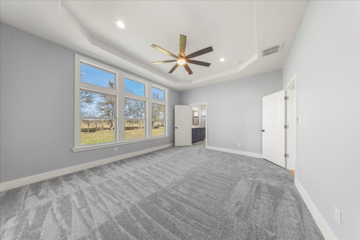 217 Gato Road Cedar Creek, TX 78612 - Photo 20 of 39 Unfurnished bedroom featuring a raised ceiling, ensuite bathroom, ceiling fan, carpet flooring, and recessed lighting