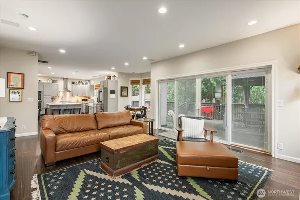 a living room with furniture and a table