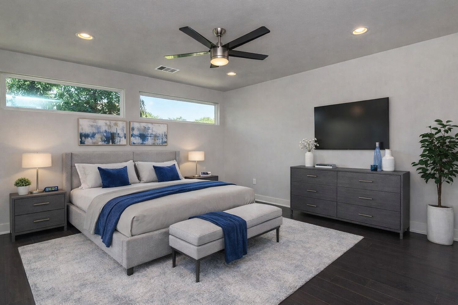 1182 Ridgeway Drive, Unit A Austin, TX 78702 - Photo 3 of 27 Bedroom with dark wood-style flooring, a ceiling fan, and recessed lighting