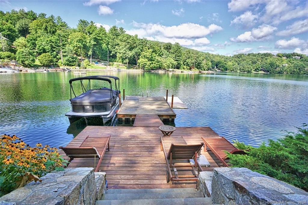 a view of a lake with outside a patio