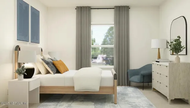 a bedroom with a bed and a potted plant next to a window