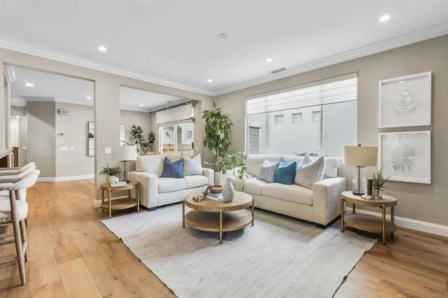 a living room with furniture potted plant and white walls