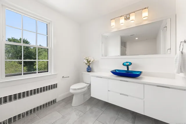 a bathroom with a sink a toilet and a mirror