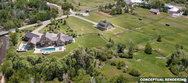 4347 South Bench Creek Road Kamas, UT 84036 - Photo 4 of 23 Expansive property featuring a modern architectural residence with multiple pools, surrounded by lush greenery, a visible river, and a secondary structure