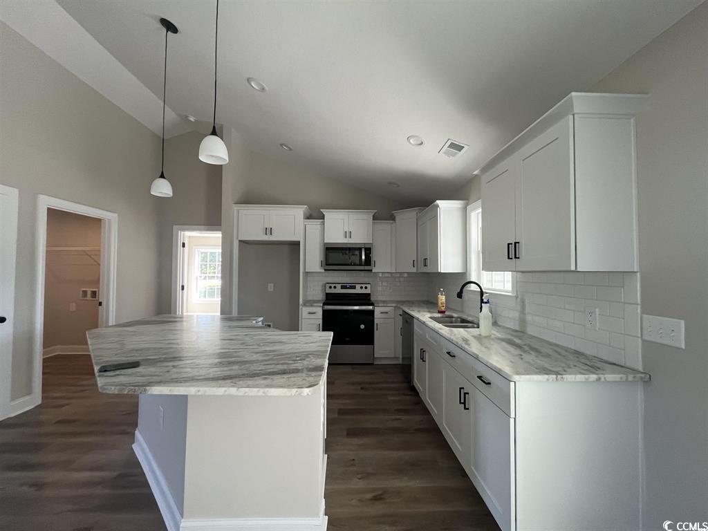 123 Alford Drive Loris, SC 29569 - Photo 4 of 13 Kitchen with stainless steel appliances, a kitchen island, white cabinets, backsplash, and decorative light fixtures