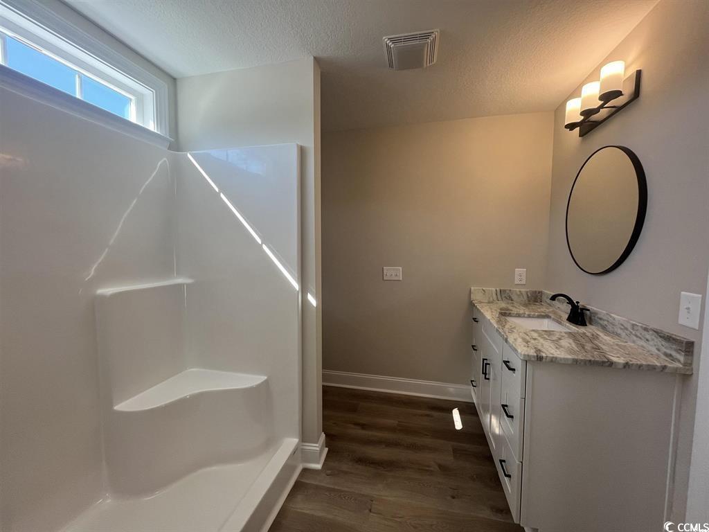 123 Alford Drive Loris, SC 29569 - Photo 9 of 13 Bathroom with vanity, a textured ceiling, dark wood-type flooring, and walk in shower