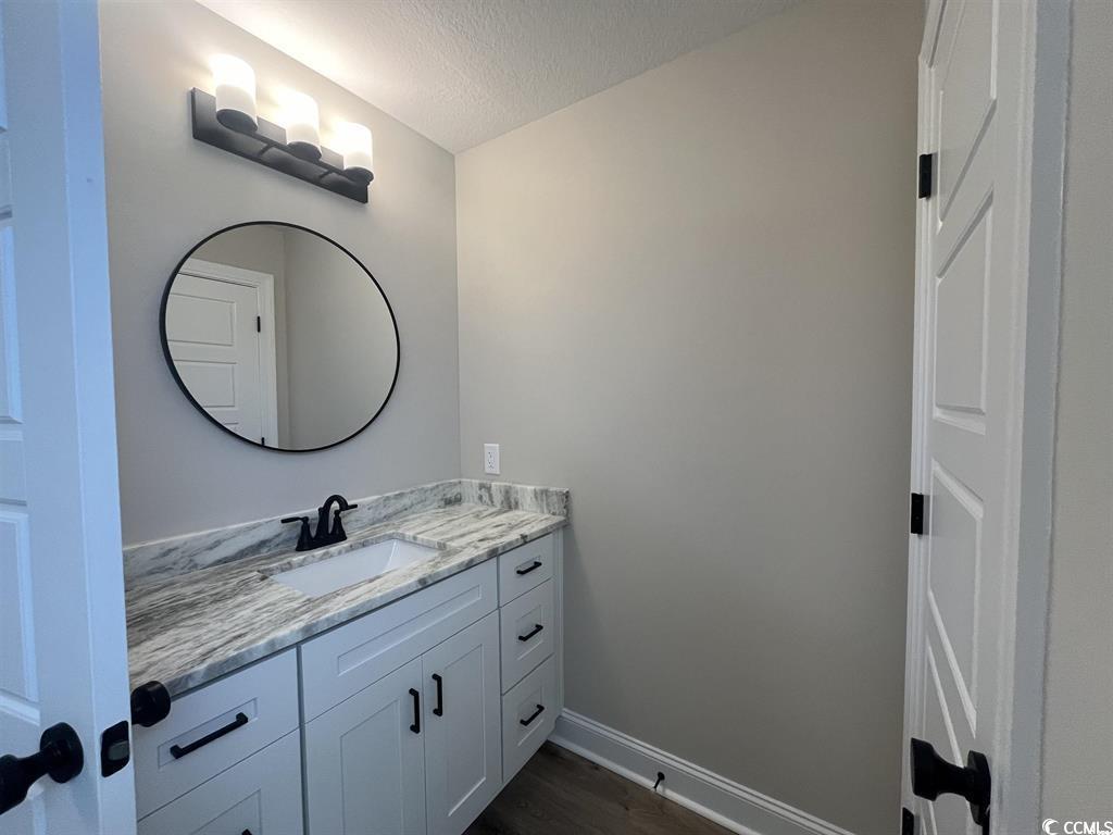 123 Alford Drive Loris, SC 29569 - Photo 10 of 13 Bathroom featuring vanity, a textured ceiling, and dark wood-style floors