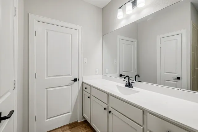a bathroom with a sink and a mirror