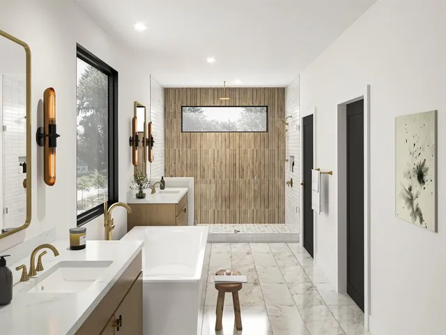 a bathroom with a tub sink and mirror