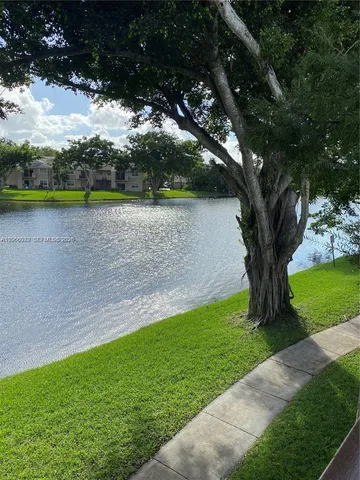 a view of a garden with a lake