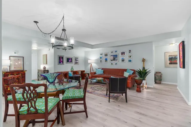 a view of a dining room with furniture